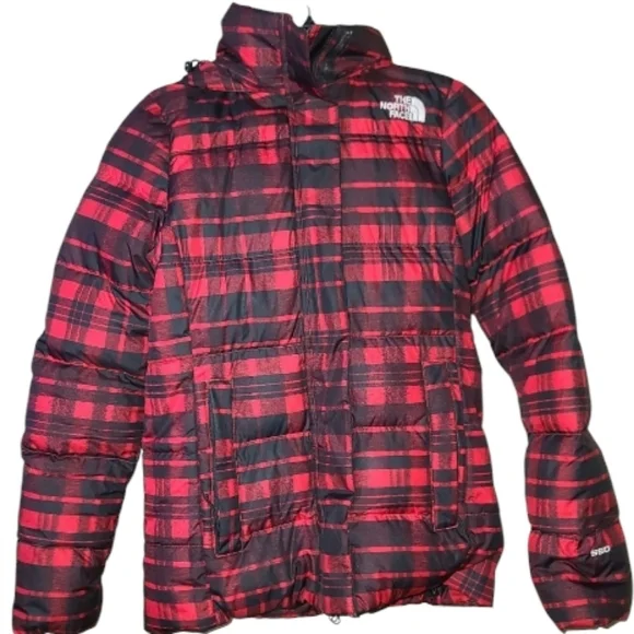 The North Face Gotham Red Plaid Puffer Jacket With Faux Fur Hooded Trim Large - Picture 5 of 8